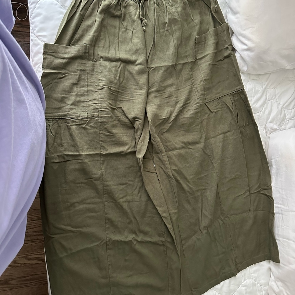 Olive Green Wide-Leg Linen Blend Pants